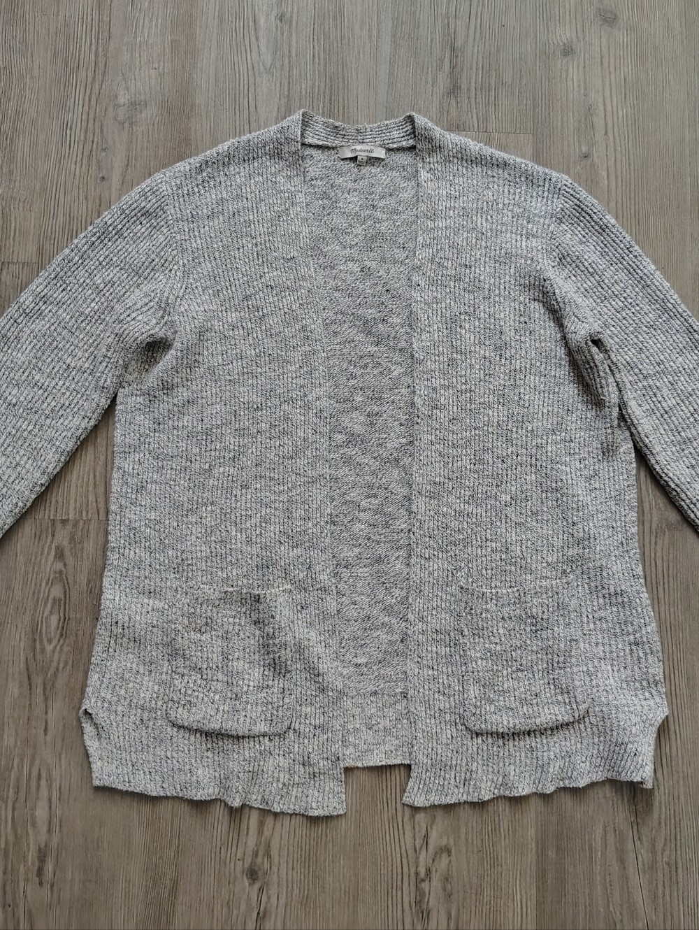 Madewell Cotton Linen Blend Open Front Knit Cardigan Gray Marled Pockets Size M